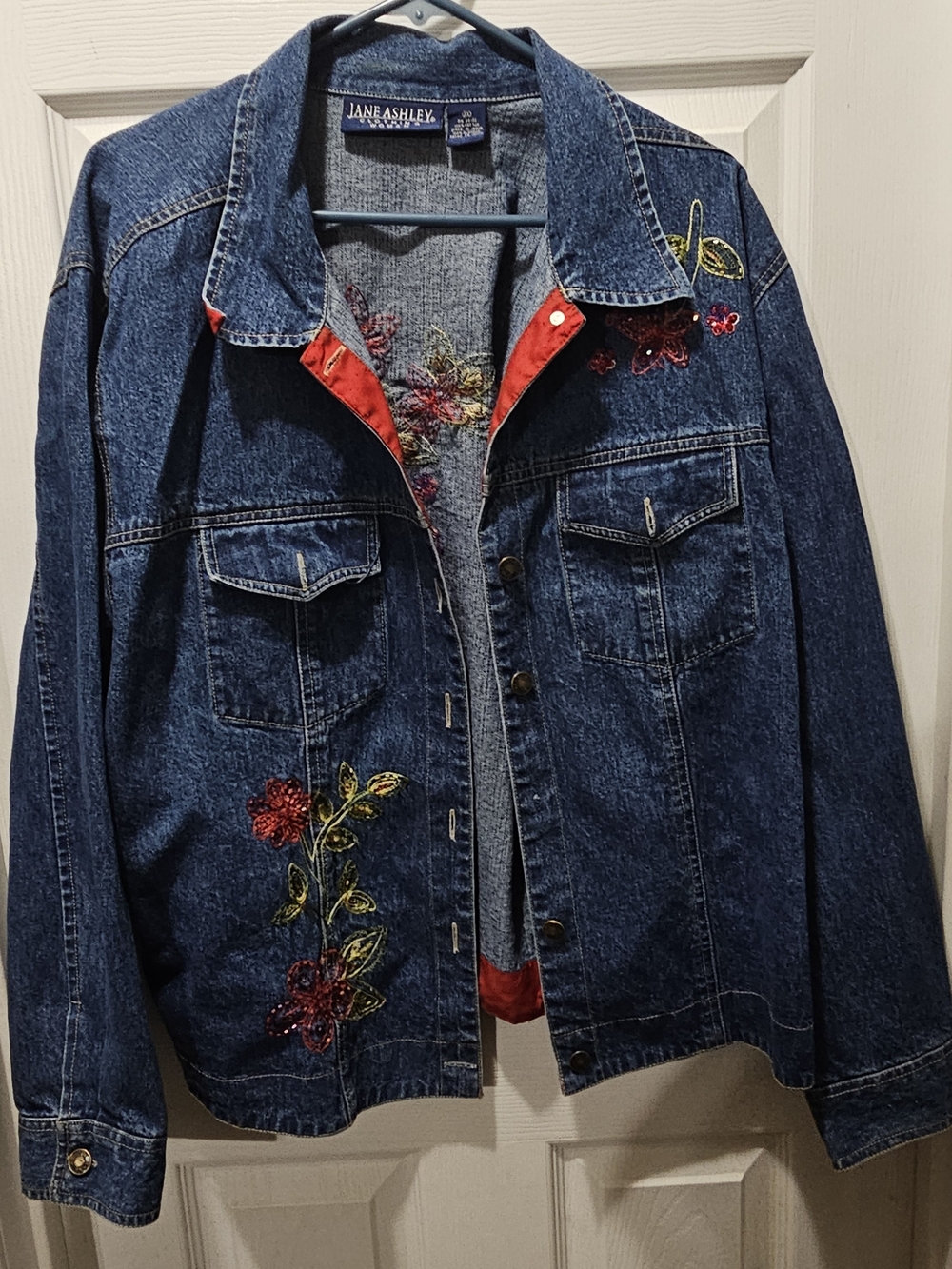 Jane Ashley Dark Blue Embroidered Denim Jacket - Floral Detail